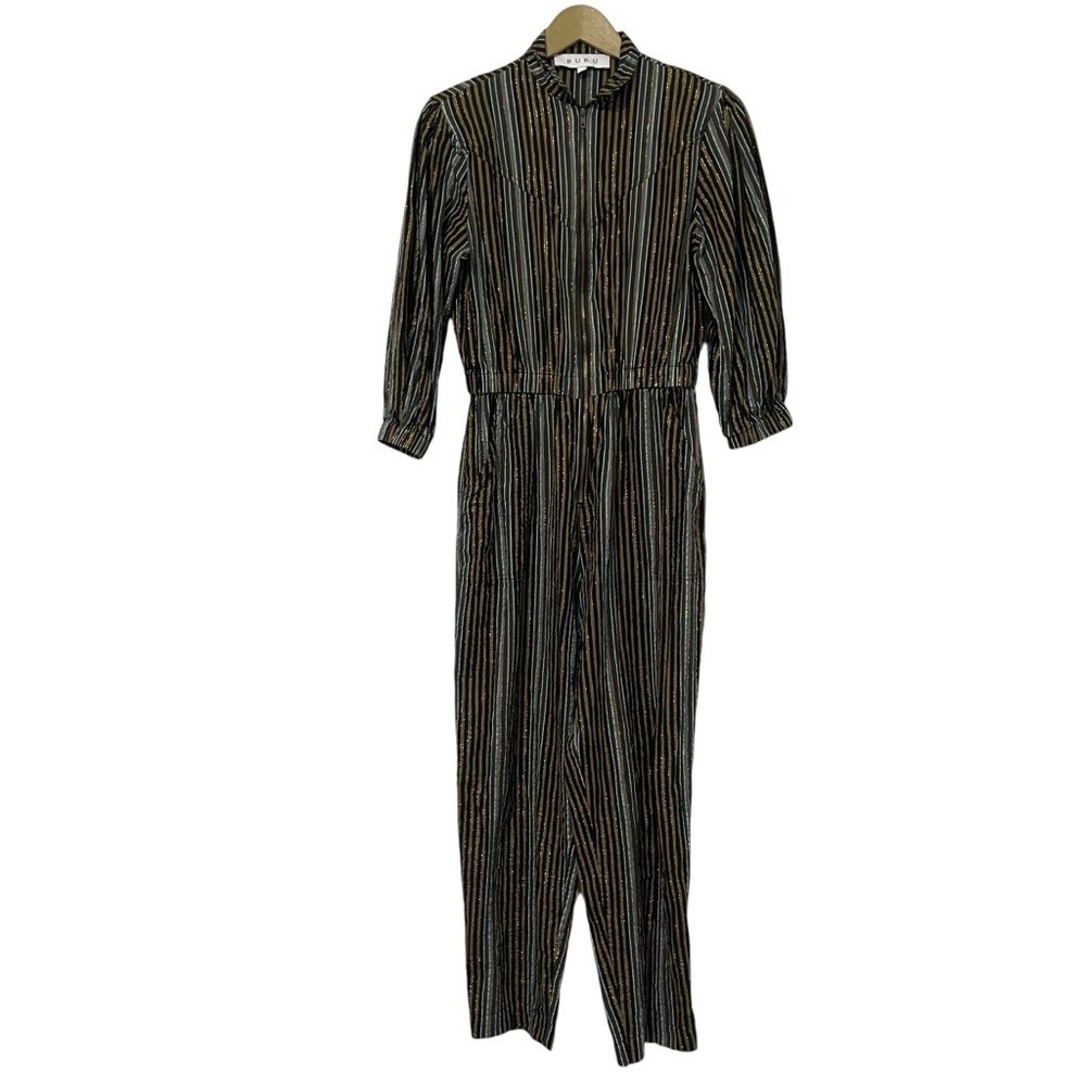 Buru Green Gold Striped 3/4 Sleeve Zip Up‎ Jumpsuit Size Small Utility Fall